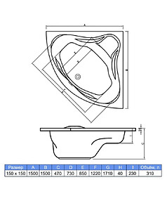 Ванна акриловая угловая ATRIA 150х150см в комплекте с ножками
