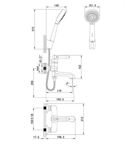 Смеситель OXFORD OXFSB02i02 (для ванны, короткий излив) c душ.комплектом 438x503 в Материке - Вариант 2