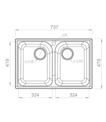 Мойка QUARZ GF-Z 15 (ЕСО-15), 2 чаши 740х480мм серый (без сифона) 438x503 в Материке - Вариант 2