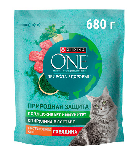 Корм для кошек Purina ONE Природа Здор-я, для стерилизованных, говядина (0,68кг) 438x503 в Материке