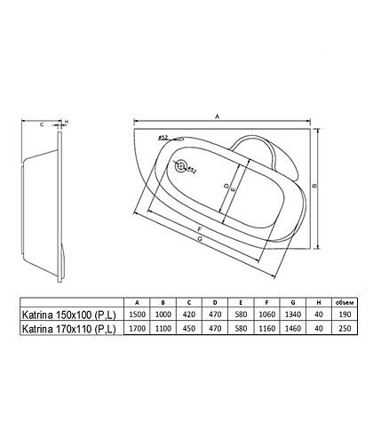 Ванна акриловая асимметричная ALBA SPA KATRINA 150х100см левая без ножек 438x503 в Материке - Вариант 2