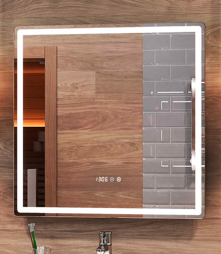 Зеркало GEOMETRY LUXE 700х700мм: подсветка, сенсор.управ., антизапотевание, часы 438x503 в Материке - Вариант 2
