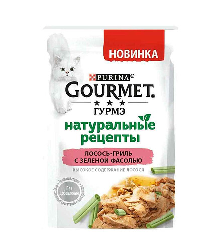 Корм для кошек Gourmet Натуральные рецепты, лосось, зеленая фасоль (75г) 438x503 в Материке