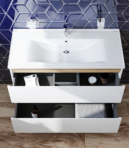 Тумба X-JOY M85AFHX1002WG 100см подвесная белый глянец/светлое дерево 438x503 в Материке - Вариант 3