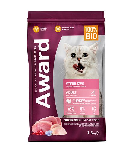 Корм для кошек Award Sterilized индейка, курица, клюква, цикорий (1,5кг) 438x503 в Материке