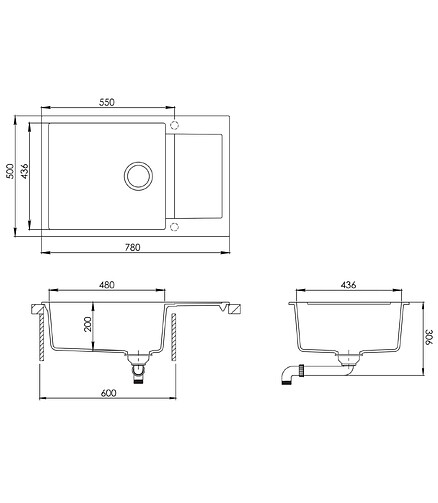Мойка TESA PLUS SQT105-601AW 780х500мм гранит-черный металлик с вып.полуавтомат 438x503 в Материке - Вариант 2