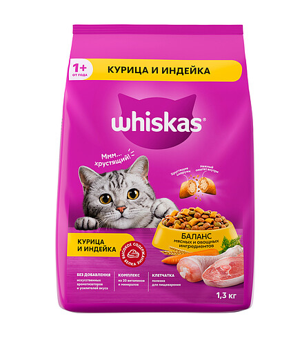 Корм для кошек WHISKAS курица, индейка (1,3кг) 438x503 в Материке