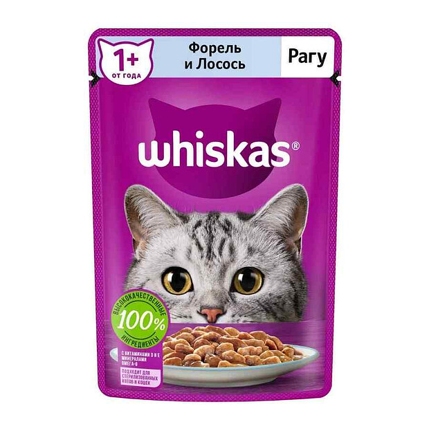 Корм для взрослых кошек WHISKAS рагу с форелью и лососем (75г)