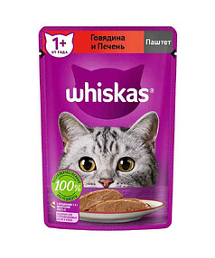 Корм для взрослых кошек WHISKAS паштет с говядиной и печенью (75г)