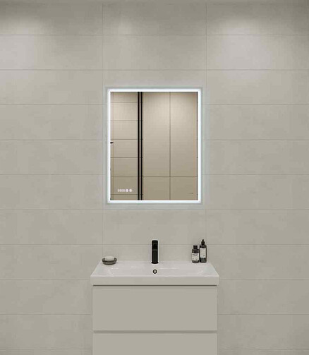 Зеркало LED 080 DESIGN PRO 700х850мм: LED-подсветка, антизапотеваниe, часы 438x503 в Материке - Вариант 2