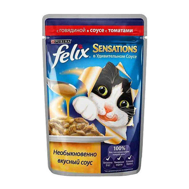 Корм для кошек FELIX SENSATIONS Sauce Surprise говядина, томат (75г)