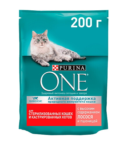 Корм для кошек Purina ONE для стерилизованных, лосось и пшеница (0,2кг) 438x503 в Материке