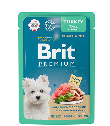 Корм для щенков Brit Premium Small индейка, яблоко, соус (85г) 438x503 в Материке