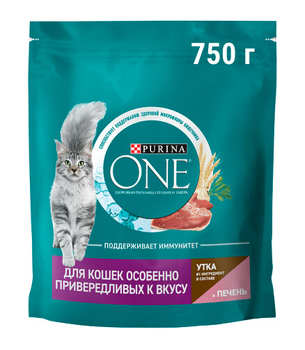 Корм для кошек Purina ONE для привередливых, утка, печень (0,75кг) 438x503 в Материке