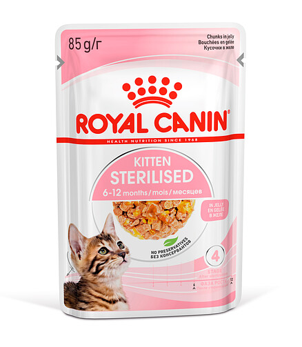 Корм для котят Royal Canin Kitten для стерилизованных, кусочки в желе (85г) 438x503 в Материке