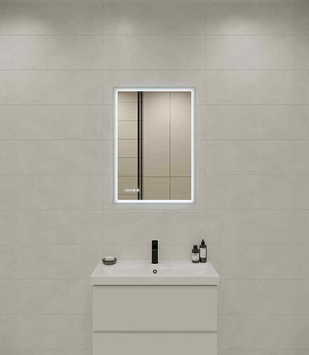 Зеркало LED 080 DESIGN PRO 600x850мм: LED-подсветка, антизапотевание, часы 438x503 в Материке - Вариант 2