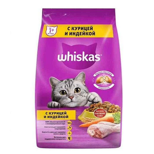 Корм для кошек WHISKAS Подушечки паштет курица, индейка (1,9кг)