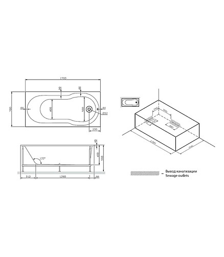 Ванна акриловая прямоугольная X-JOY 170x70см без каркаса, W88A-170-070W-A 438x503 в Материке - Вариант 2