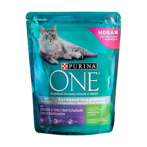 Корм для кошек Purina ONE с чувств. пищевар., индейка, рис (0,75кг) 620x620 в Материке