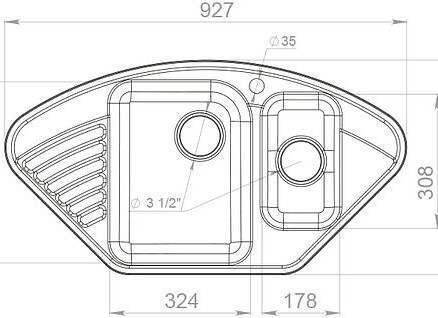 Мойка QUARZ GF-Z 14 (ЕСО-14) угловая 1,5 чаши, 930х500мм черный (без сифона) 438x503 в Материке - Вариант 2