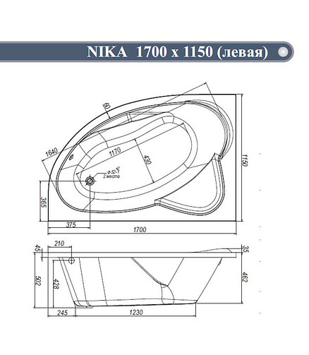 Ванна акриловая асим. NIKA 170х115см левая без сифона, ножек-рамы и крепежа 438x503 в Материке - Вариант 2