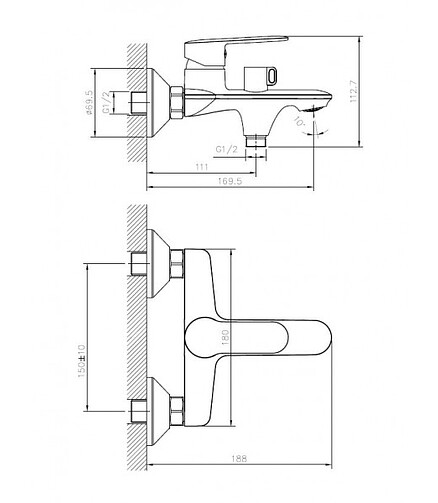 Смеситель KANDA TOK-KAN-1014 (для ванны, короткий излив) с душ.комплектом 438x503 в Материке - Вариант 2