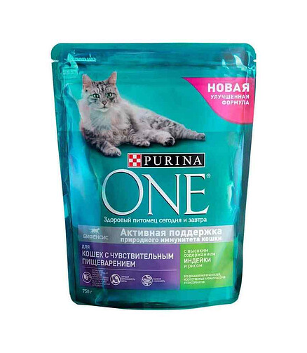 Корм для кошек Purina ONE с чувств. пищевар., индейка, рис (0,75кг) 438x503 в Материке