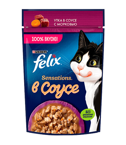 Корм для кошек FELIX Sensations Sauce Surprise утка, морковь (75г) 438x503 в Материке