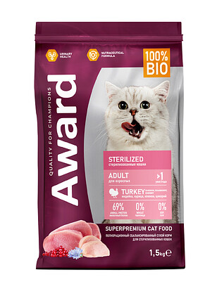 Корм для кошек Award Sterilized индейка, курица, клюква, цикорий (1,5кг) 238x286 в Материке