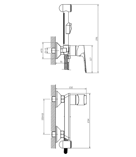 Смеситель ROSSINKA RS27-52 (для биде) с гигиеническим душем 438x503 в Материке - Вариант 2