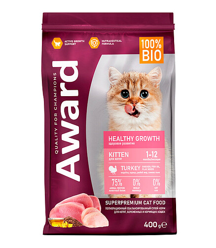 Корм для котят Award Healthy growth Kitten индейка,курица,р.жир,семя льна(0,4кг) 438x503 в Материке