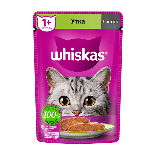 Корм для взрослых кошек WHISKAS паштет с уткой (75г)