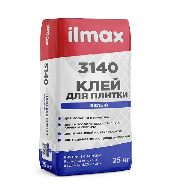 Клей ILMAX 3140 для плитки белый, 25кг 586x674 Клей ILMAX 3140 для плитки белый, 25кг 586x674 в Материке