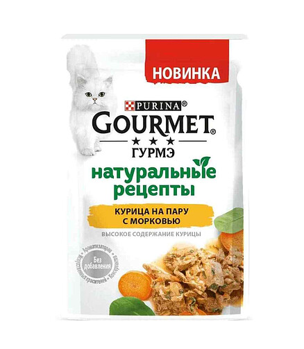 Корм для кошек Gourmet Натуральные рецепты, курица, морковь (75г) 438x503 в Материке