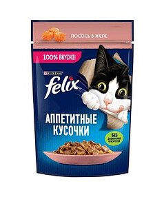 Корм для кошек FELIX кусочки в желе, лосось (75г)