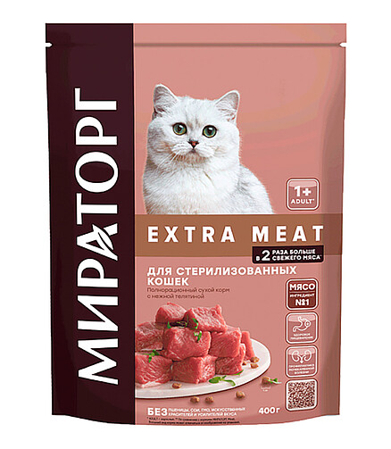 Корм для кошек МИРАТОРГ Extra Meat для стерилизованных, телятина (0,4кг) 438x503 в Материке