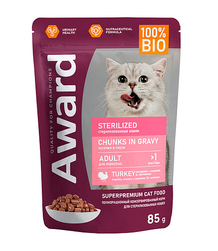 Корм для кошек Award Sterilized кусочки в соусе, индейка (85г) 438x503 в Материке