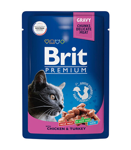 Корм для кошек Brit Premium цыпленок, индейка, соус (85г) 438x503 в Материке